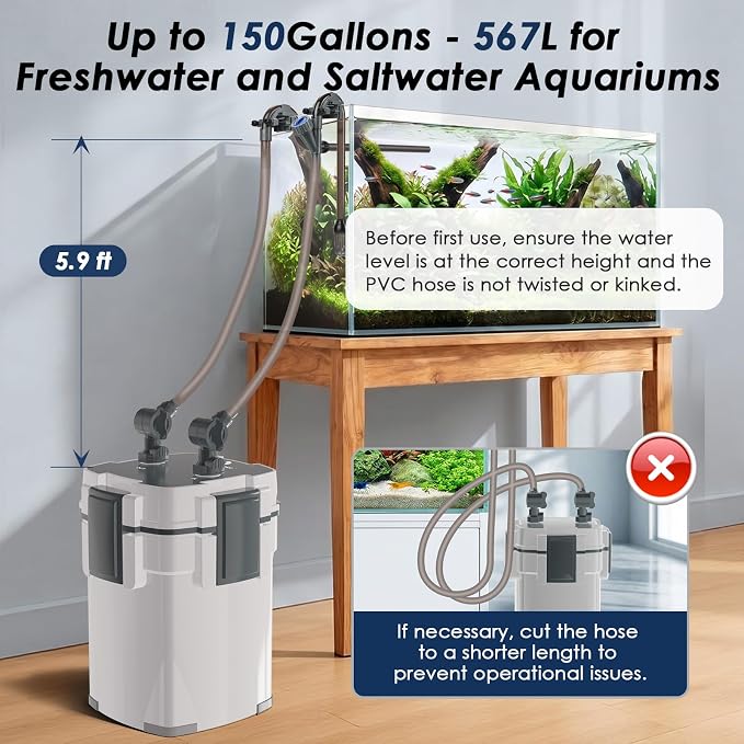 fishkeeper Canister Filters for Aquarium, 550GPH/2200LPH Ultra-Quiet External Fish Tank Filters for Freshwater & Saltwater Aquariums up to 150Gal,3-Stage Filtration with Quartz Balls and Filter Cotton