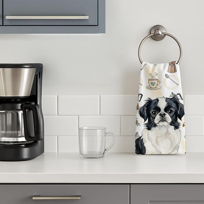 Caroline's Treasures Black and White Japanese Chin Coffee Bar Kitchen Towel Velour Plush Front and Cotton Loop Back Machine Washable