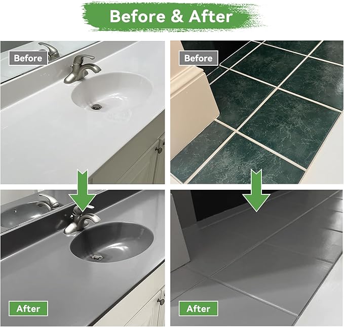 styleonme Waterbased Tile Paint Grey, 20-30sq.ft, Bathtub Washbasin Toilet Ceramic Tile and Kitchen Countertop Refinishing, Odorless and Non-Toxic Heavy Glaze Epoxy Resin Coating (With tools)