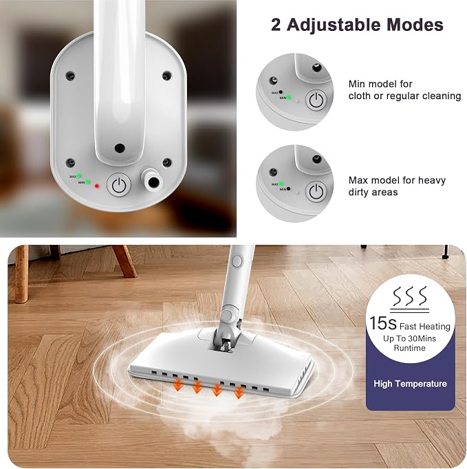 6-in-1 Steam Mop, 1200W Rotated Steam Cleaner for Home, 2 Modes, 400ML Removable Tank, 23FT Power Cord, 2 Pads, Multi-Surface Steamer for Hard Floor, Laminate Floor, Tiles Cleaning (White Silk)
