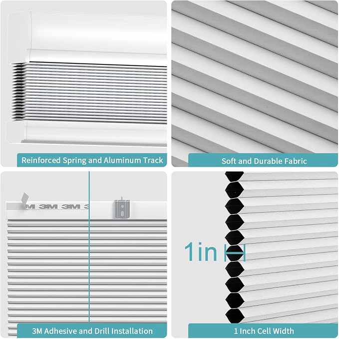 MYshade Custom Size Cellular Blinds for Indoor Windows Cordless Blackout Honeycomb Shades, No Tools, No Drill, Thermal Insulated, Noise Reduction, Room Darkening Honeycomb Blinds for Home, White