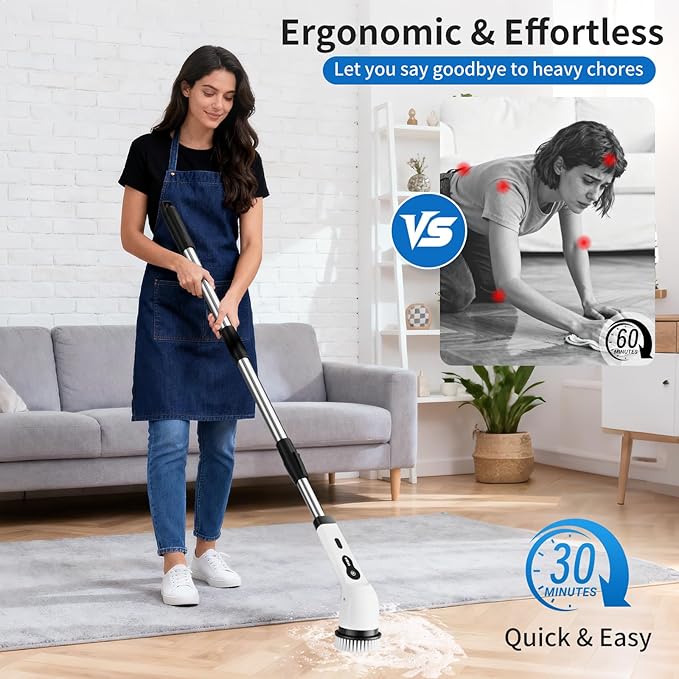 Electric Spin Scrubber, Powered Household Cleaning Brush with 8 Heads & 2 Modes- 52in Extendable Electric Shower Scrubber Deep Cleaner for Bathroom Bathtub Sink Bathroom, IPX7