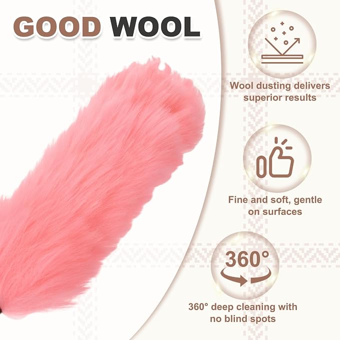 uxcell Wool Duster, 24.4" Natural Feather Cleaner Household Cleaning Duster with Solid Wooden Handle for Cleaning Fans Window Blinds Shelves Furniture, Pink