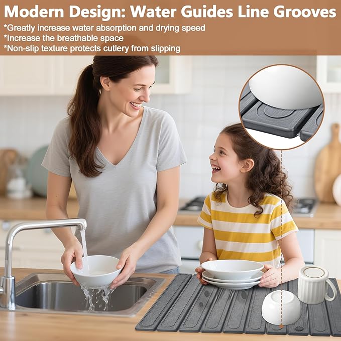 Stone Drying Mat for Kitchen Counter, Fast Dry Dish Drying Mats,Quick Dry Absorbent Collapsible Diatomaceous Earth Bath Mats, Large Stone Bath Mat for Kitchen Dishes Bottles Cups Bathroom