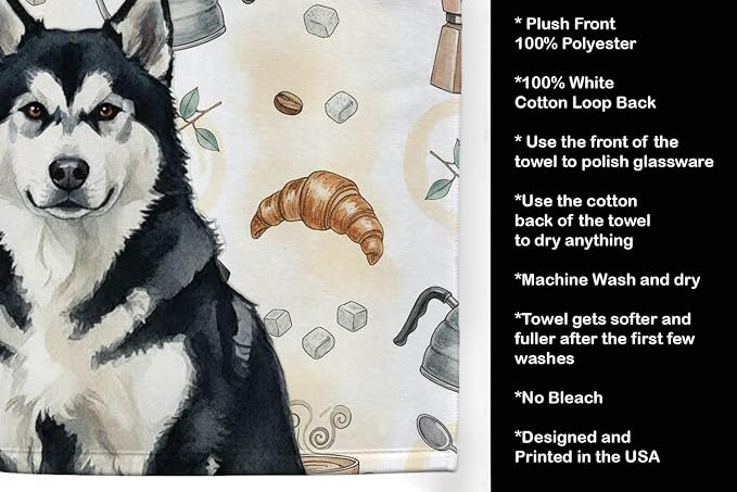 Caroline's Treasures Black and White Alaskan Malamute Coffee Bar Kitchen Towel Velour Plush Front and Cotton Loop Back Machine Washable
