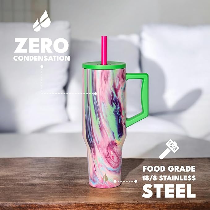 Elemental 40 oz Tumbler with Handle and Straw - Spill Proof Insulated Stainless Steel Commuter for Cold Beverages - Travel Coffee Mug with 2 Straws & Spill Proof Lid - 40oz - Aurora Dream