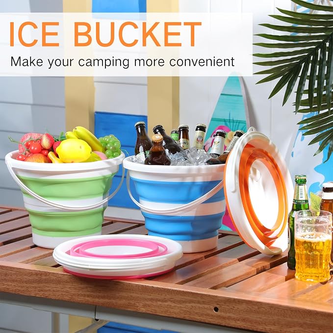 Pickmesh 4 Pcs Collapsible Bucket 2.6 Gallon (10l) Foldable Collapsible Sand Bucket with Handle Small Cleaning Pail for Household Outdoor Car Washing Camping Beach Sand(Blue, Green, Orange, Pink)