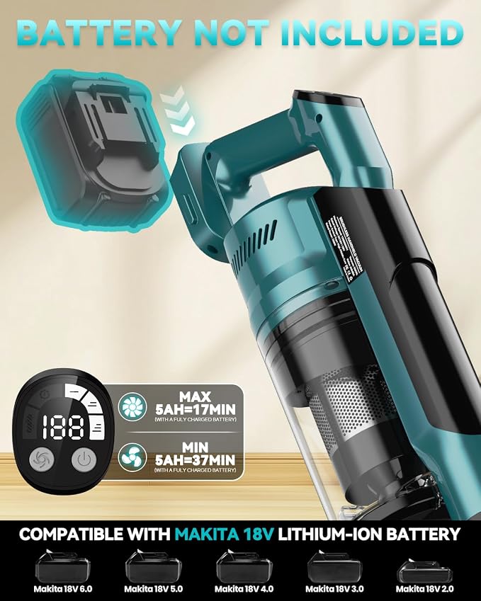 VAXCANZE Cordless Vacuum Cleaner Compatible with Makita 18V Battery, 35kPa Brushless Lightweight Stick Vacuum with 3 Mode Suction, 6 in 1 Stick Vacuum Cleaner with HEPA for Floor, Carpet(Tool Only)