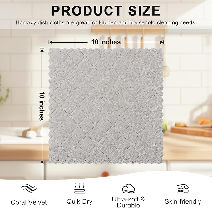 Homaxy 12 Pack Kitchen Dish Cloths (10 x 10 Inches, Grey) and Terry Kitchen Towels(15" x 25", 6 Pack, Dark Grey)
