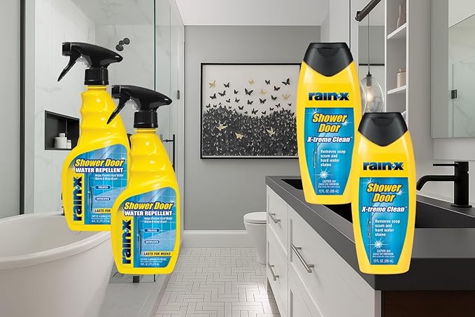 Rain-X Shower Door Care Bundle: 12 Fl. Oz X-Treme Clean Glass Cleaner & 16 Fl. Oz Water Repellent for Soap Scum & Hard Water Protection (Pack of 2 Each)