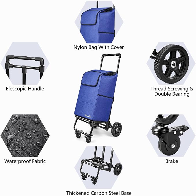 KEDSUM 3 in 1 Shopping Cart with Wheels, 60L/250LBS Multi Use Grocery Cart with 7" Big Wheels & Removable Waterproof Bag, Personal Shopping Carts for Groceries, Telescoping Handle & Thickened Steel