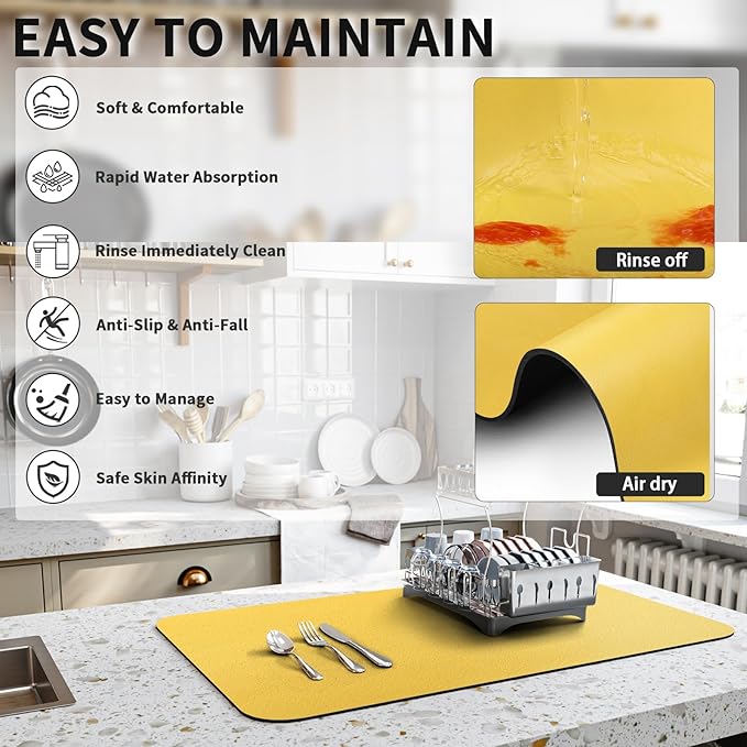 HotLive Dish Drying Mat for Kitchen Counter, Heat Resistant Drainer Mats with Non-slip Rubber Backed, Hide Stain Kitchen Super Absorbent Draining Mat, Easy to Clean Dish Rack Pad, Yellow 18"x32"