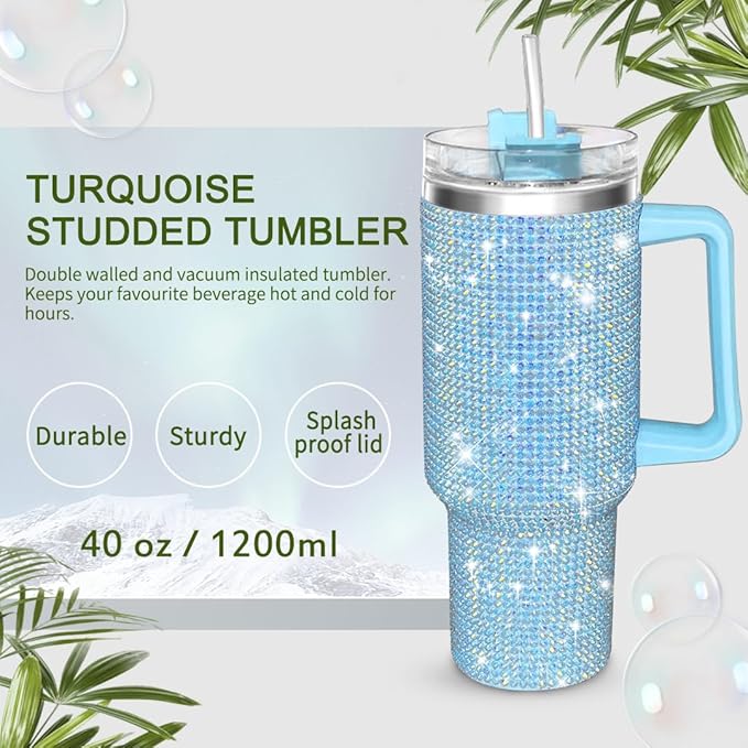 HWISDMIG 40oz Tumbler with Handle-Glitter Rhinestones Tumbler Bling Cups Stainless Steel Water Bottle Diamond Studded Tumbler for Women-Birthday Gifts for Women, Mom, Girlfriend (40 oz, Turquoise)