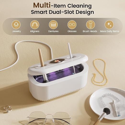 48Khz Ultrasonic Jewelry Cleaner, 30W Ultrasonic Cleaner with UV Lights and Dual Brush Ports, 3Modes Jewelry Cleaner Ultrasonic Machine with Digital Timer, 12OZ for Eyeglasse, Denture, Jewelry Cleaner