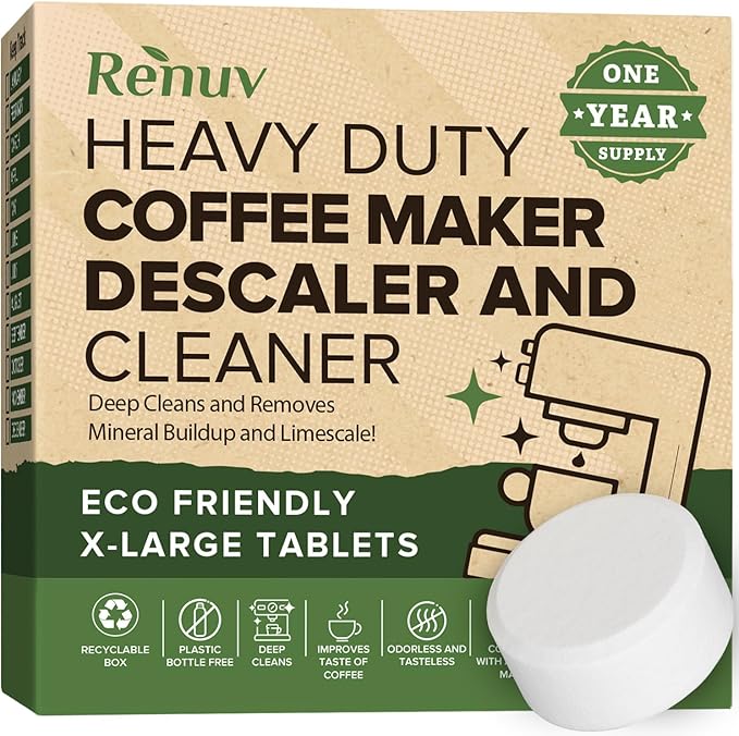 Renuv® Coffee Maker Cleaner & Descaler Tablets, 12 Uses for Keurig, Ninja, Breville, Delonghi, Nespresso, Miele, Jura, Mr Coffee, Cuisinart Descaling Solution for Coffee Pot Maker & Espresso Machines