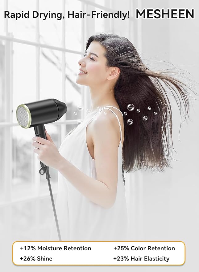 Hair Dryer, 150000RPM Ionic Blow Dryer - Fast Drying, Low Noise, Foldable Portable with Diffuser and Nozzle, Compact Mini for Women and Men, Home and Travel(Black)