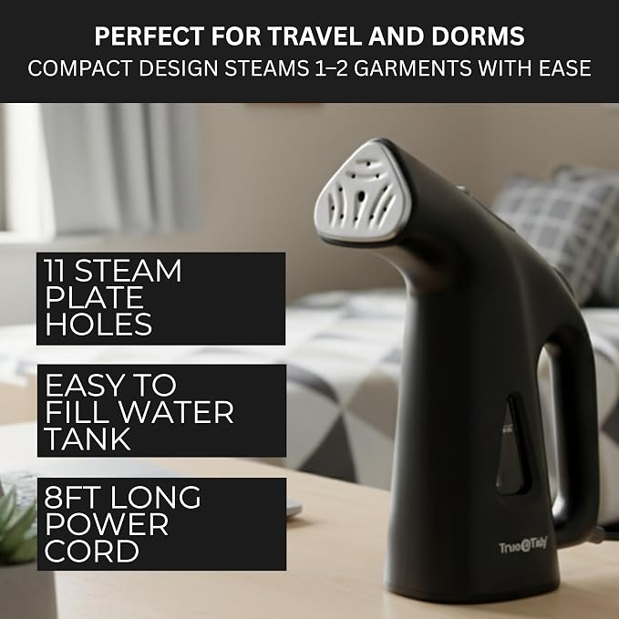 True & Tidy Compact Handheld Garment Steamer for Clothes, Travel Steamer with Stainless Steel Nozzle, 800 watts, Black
