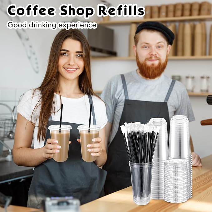 Ziliny 50 Set Clear Plastic Cups with Lids and Straws, Disposable Iced Coffee PET Cups for Drinking Cold Beverage Juice Parfait Smoothie Milkshake Coffee Shops Party Supplies (18 oz)