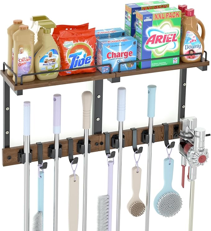 Mop Holder Wall Mount with Cleaning Supplies Organizer, Wood Mop and Broom Hanger Rack Organizer with Anti-Fall Wall Shelf with 5 Clips & Hooks for Garage Laundry Room Kitchen (Dark)