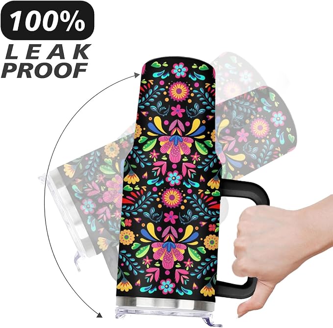 Ceovfoi 40 oz Mexican Flower Tumbler with Handle Lid and Straw, Stainless Steel Insulated Coffee Mug Cup, Mexican Stuff Supplies Accessories Gifts for Women