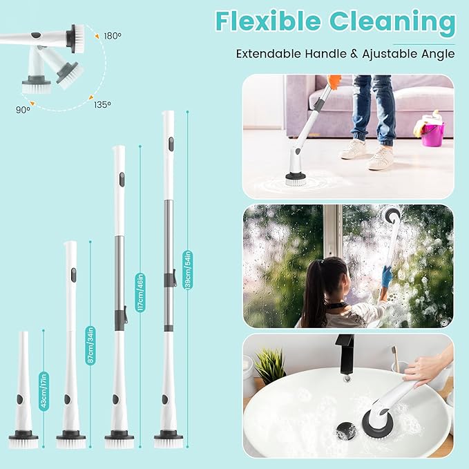Electric Spin Scrubber, New Cordless Power Tub Scrubber with Long Handle,101 Lbs Strong Torque Shower Brush with 8 Heads, 2 Speed Mode 3 Adjustable Angles for Cleaning Bathroom Tile