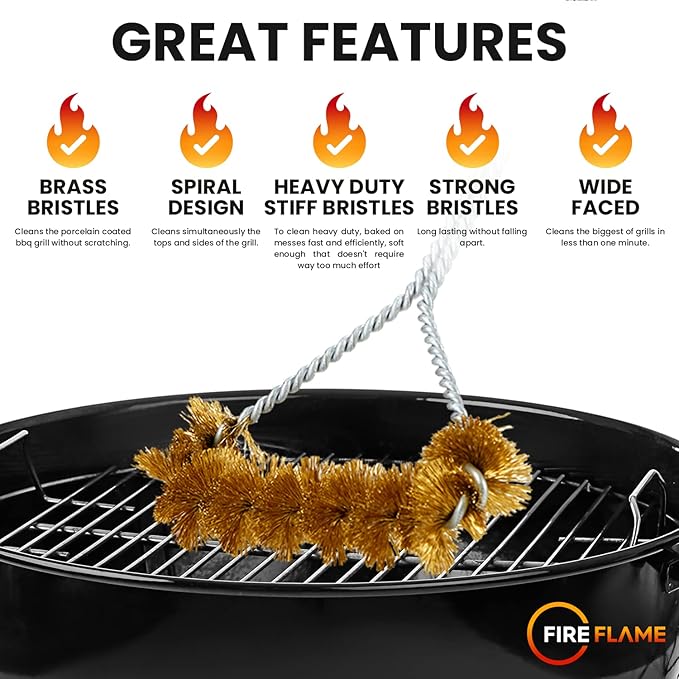 Fireflame BBQ Grill Brush – Non-Scratch Brass Bristles - 21-Inch Long Handle Barbecue Grill Cleaning Brush - Wide-Faced Spiral Heavy-Duty – Made in The USA