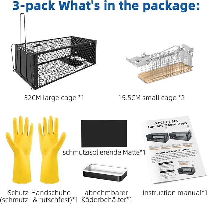 Humane Rat Traps - Large 12.5 Inches Upgraded Mouse Trap for Outdoors & Indoors - Reusable Rat Trap Cage for Mouse and Small Animals - Effective Quick Simple to Use (3-Pack)