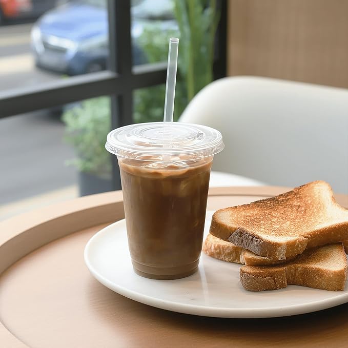 TashiBox TahiBox Plastic cups with lids and straws 16 oz 100sets [100 cups & 100 flat lids & 100 straws],clear crystal disposable iced coffee cups with lids