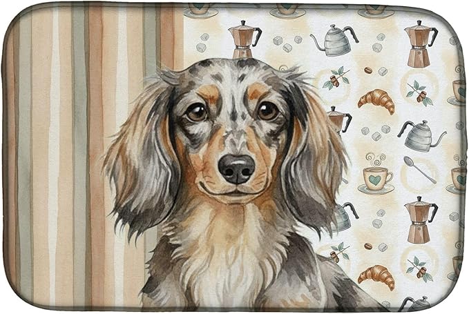 Caroline's Treasures Longhaired Dapple Dachshund Coffee Bar Dish Drying Mat Absorbent Dish Drying Mat Pad for Kitchen Counter Dish Drainer Mat for Countertop, 14 x 21", Multicolor