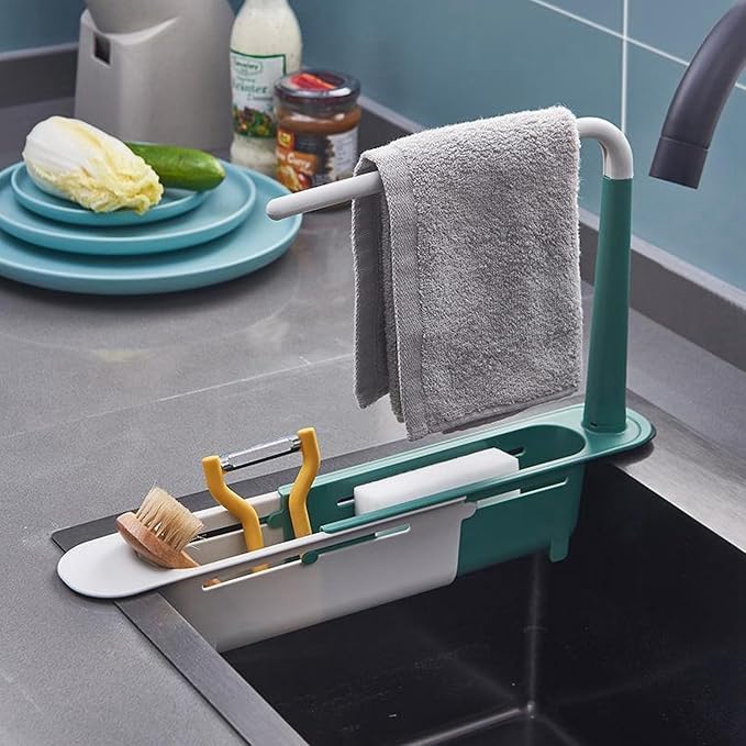 Telescopic Sink Storage Rack Rag Rack Shelf Dishwashing Drain Basket Hook Organizer Large Capacity Kitchen Under Sink Organizers (Green)