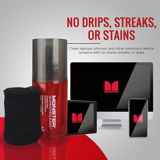 Monster Screen Cleaner Kit, 6.7 oz (200 mL), Microfiber Cloth, White/Black/Red, for HDTVs, Tablets, Laptops, Smartphones, Eyeglasses