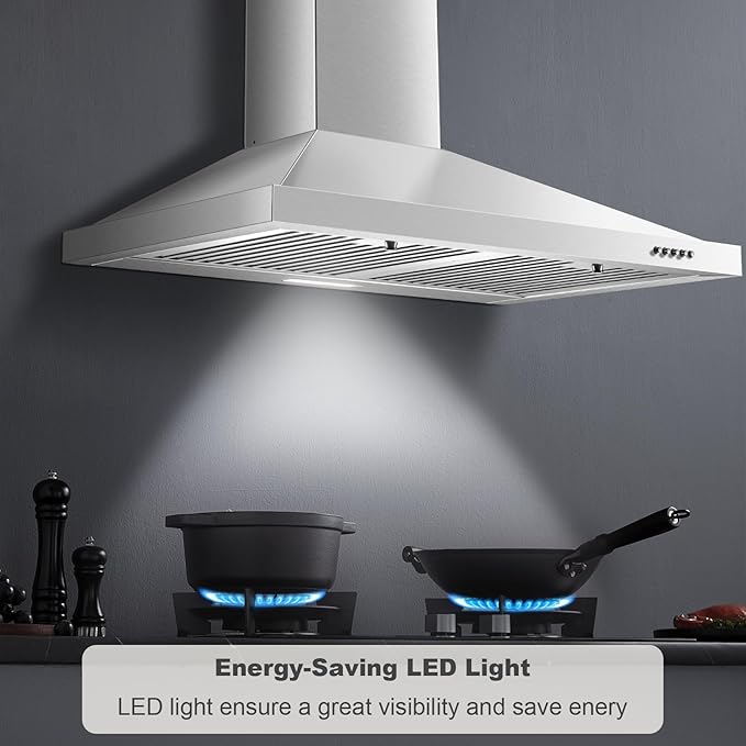 Range Hood 30 inch, Wall Mount Range Hood Ducted/Ductless, Kitchen Hood in Stainless Steel, Vent Hood with Baffle Filters, 3 Speed Fan, Push Button Control, Energy-Saving LED Light