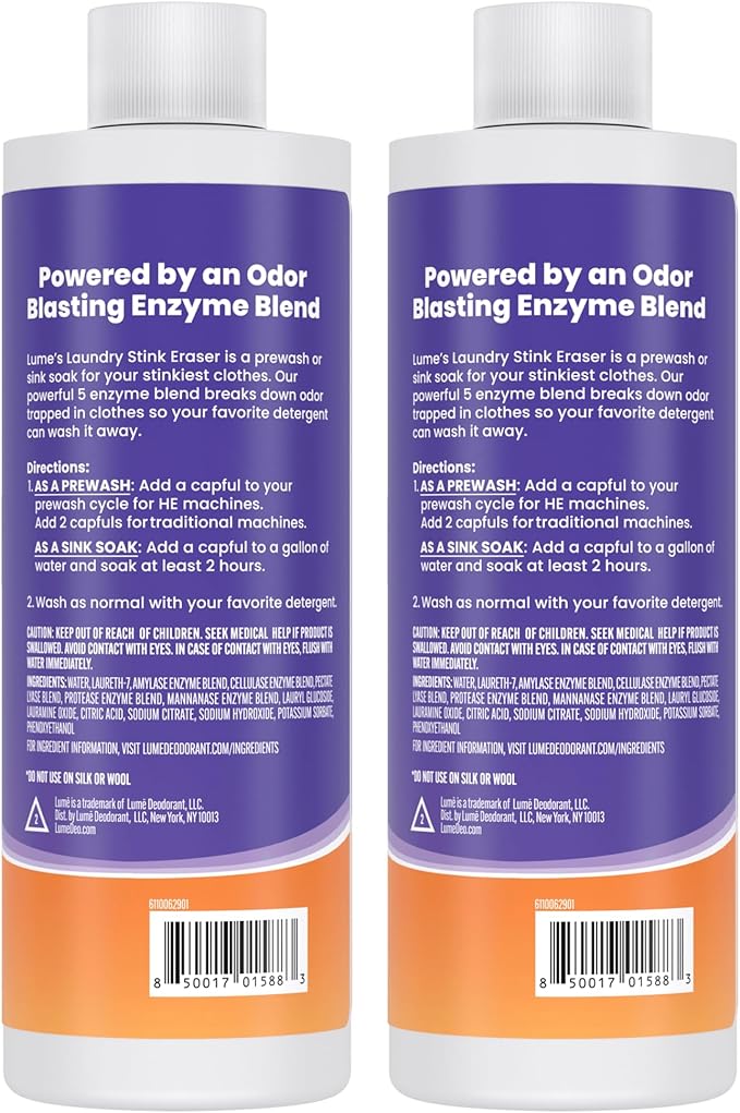 Lume Laundry Stink & Stain Eraser - Detergent Booster & Sink Soak - Eliminates Body Odor In Clothes - Odor Blasting Enzyme Blend - Make Your Detergent Work Better - Free & Clear - 8 fl oz (2 Pack)