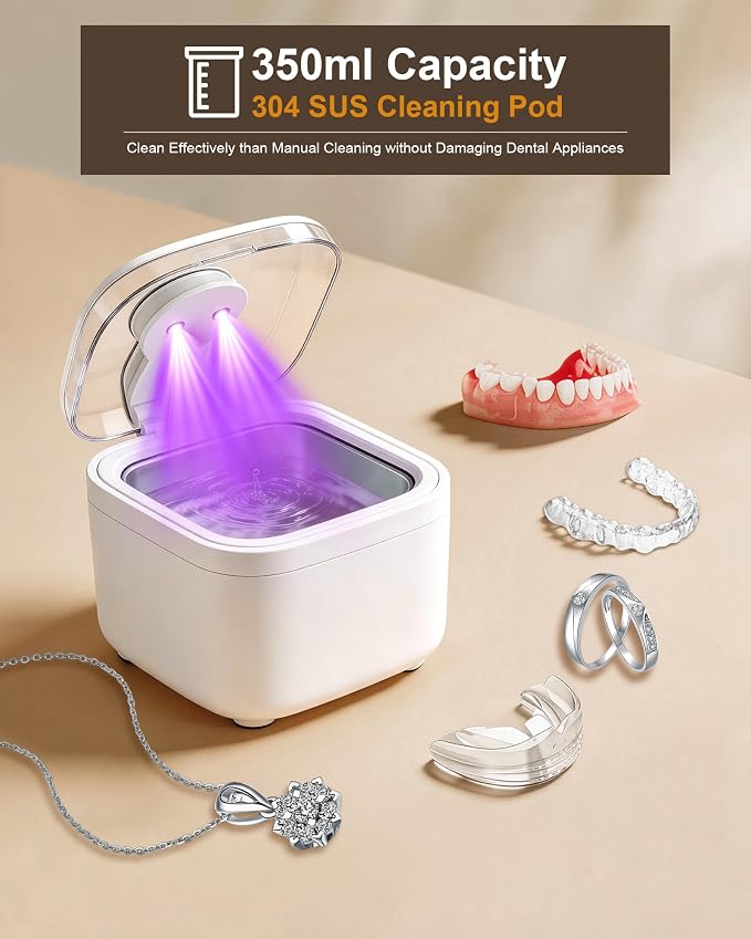Ultrasonic Denture & Retainer Cleaner-45kHz Ultrasonic Cleaning Machine with UV Light 350ml 304 SUS Tank for Deep Cleaning Dentures Aligners Invisalign Mouth Guards Night Guards Braces & Jewelry