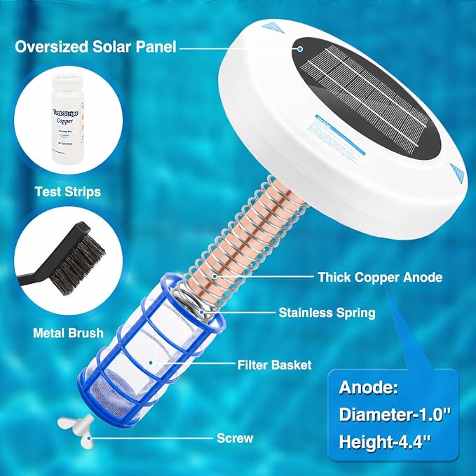 Solar Pool Water Care System for Above Ground & Inground Pools Up to 45,000 Gallons – Floating Solar-Powered Pool Maintenance Device with Copper Anode & Oversized Solar Panel