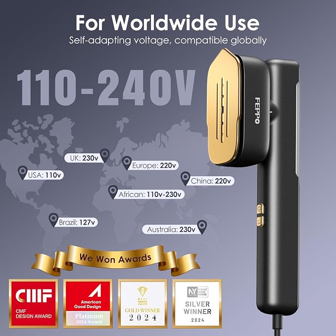 FEPPO Travel Steamer for Clothes, 110-240V Dual Voltage Portable Steamer & Iron 2 in 1, Fast Heat Up, 1100W Powerful Garment Steamer, Large Ceramic Heat Panel for Home & Global Traveling(Black-Gold)