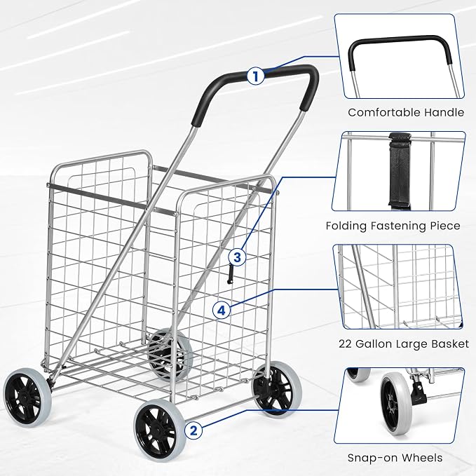 IRONMAX Grocery Shopping Cart, Foldable Heavy Duty Utility Cart w/Large Wheels for Easy Installation and Removal, Lightweight Trolley Cart for Grocery Laundry Luggage (Sliver)