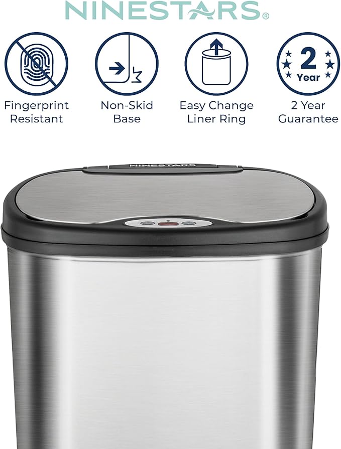Ninestars 13 Gallon Oval Automatic Trash Can, 50L Touchless Motion Sensor Kitchen Garbage Can with Odor-Sealing Lid, Silver Stainless Steel