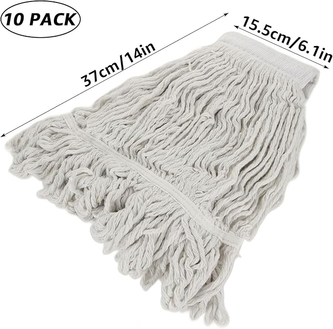 10Pcs Commercial String Mop Head, Loop-End Mop Head Replacement, Heavy Duty Mop Head Refills, Cotton Looped End Wet Cleaning Mop Refill for Floor Cleaning, Home, Industrial and Commercial Use (White)