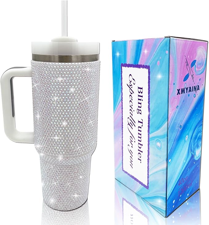 40oz Bling Tumbler with Handle and Straw Lid Rhinestone Studded Tumbler Cups Vacuum Insulated Stainless Steel Double Wall Water Bottle Travel Mug Gifts for Women Her (Pearl White)