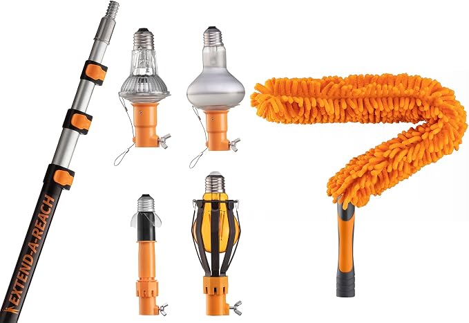 4-12 ft Telescopic Light Bulb Changer for High Ceilings with Ceiling Fan Blade Duster Cleaner // Light Bulb Remover Kit - Suction Cups, Basket and Microfiber Cloth // Washable & Flexible Fan Duster