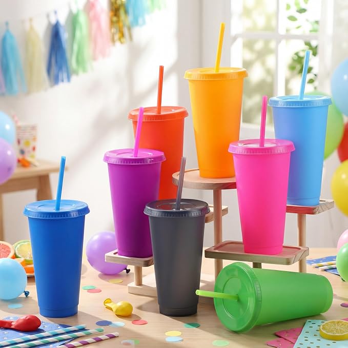 Honeydak 30 Pack Tumbler with Straw and Lid Bulk Cups for Gifts Water Bottle Iced Coffee Travel Mug Cup Reusable Plastic Tumblers for Party Birthdays 24-27 oz (Popular Color)