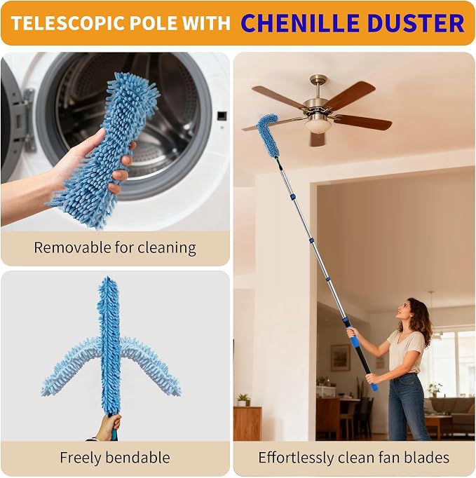 Duster with Extension Pole (20 FT Reach), Light Bulb Changer for High Ceilings & 3-12FT Extension Pole Duster Cleaning Kit, Fan Duster/Cobweb Duster/Window Washing Kit for High Window, Interior Roof