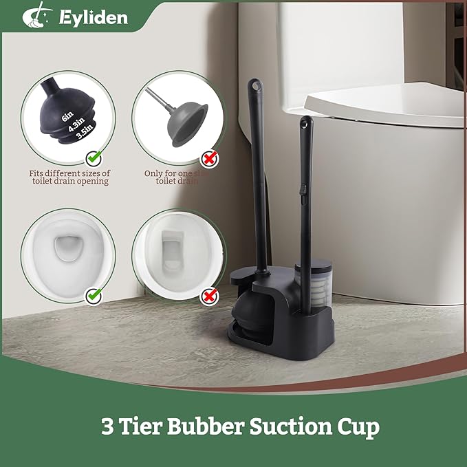Eyliden Toilet Brush and Plunger Combo Set | 2-in-1 Disposable Toilet Bowl Wand Kit with 10 Refill Heads, Toilet Plunger, Compact Storage Holder | Bathroom Cleaning System for Home, Black