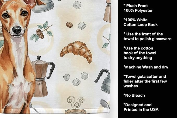 Caroline's Treasures Red Italian Greyhound Coffee Bar Kitchen Towel Velour Plush Front and Cotton Loop Back Machine Washable