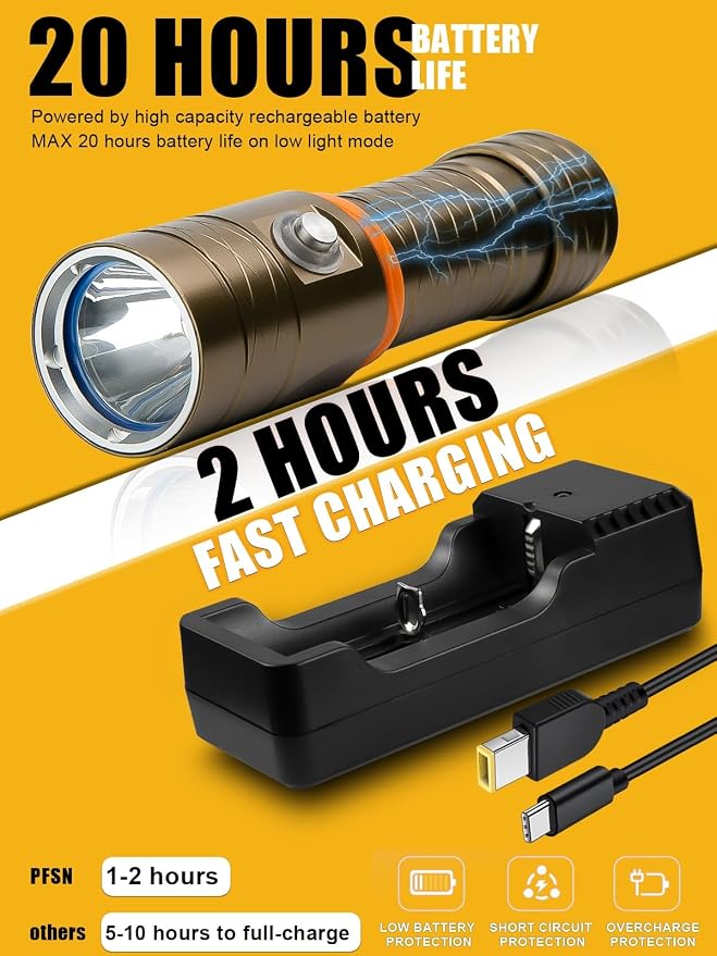 PFSN Dive Light 3500 Lumens, Underwater 150M Waterproof Diving Flashlight, 485M Long Range Narrow Beam, 20Hrs Runtime, Safety Lock Switch, Rechargeable LED Dive Torch for Deep Sea Caving, Snorkeling