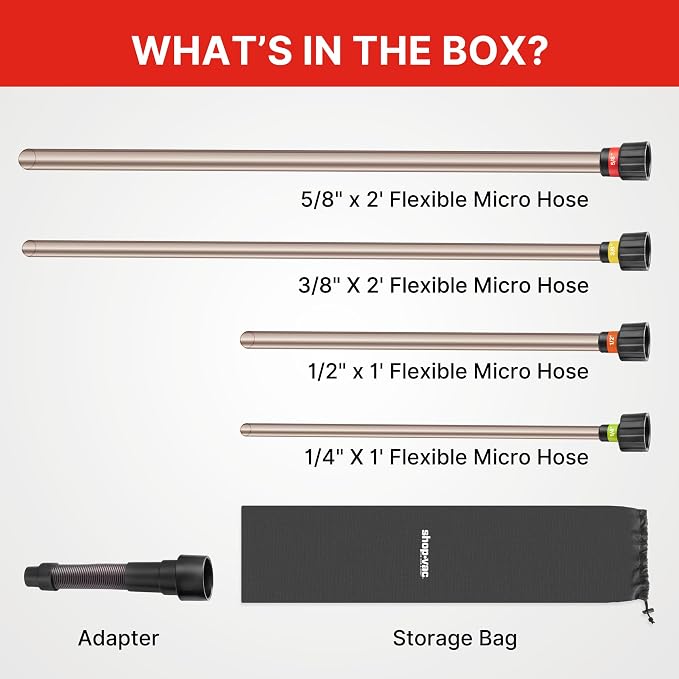 Shop-Vac Long Reach Flexible Micro Hose Set, Flexible Shop Vac Attachments with Universal Fit Adapter from 1-1/4”, 1-1/2”, 1-7/8”, 2-1/2”, Ideal for tight spaces, crevice corners and dryer vent