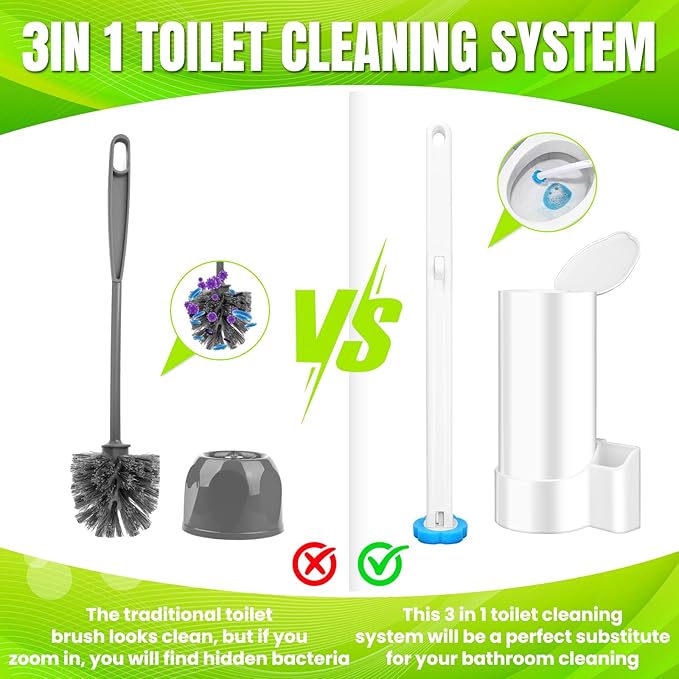 2 Pack Disposable Toilet Brush and Holder Set, Toilet Wand Refills, Extended Handle with 54 Cleaner Refills Toilet Brush for Toilet Bowl Cleaners, Bathroom Cleaning(2-Set)