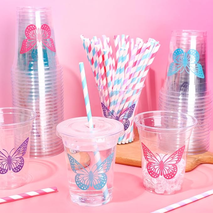 Whaline 60Pcs Butterfly Disposable Plastic Cups with Lids and Straws Pink Purple Blue Butterfly Cold Beverage Drinking Cups for Wedding Birthday Baby Shower