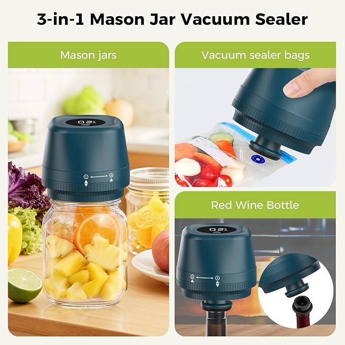 Newise Upgraded 3-in-1 Electric Mason Jar Vacuum Sealer, Automatic Vacuum Sealer Kit with Wide and Regular Mouth Mason Jars, Canning Gifts for Mom, Blue